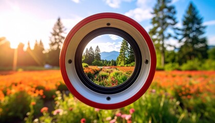 A vibrant field of orange flowers is viewed through a red and white circular frame, with mountains and trees visible in the distance under a sunny sky.