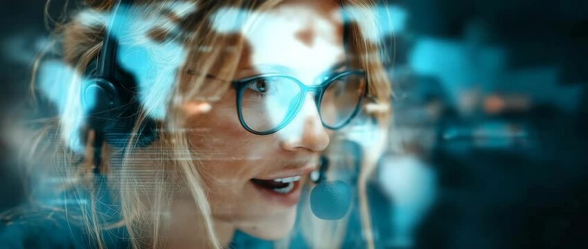 At the call centre, a listening agent with a digital overlay is handling calls while wearing a headset.