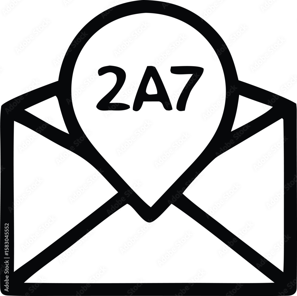 Poster hand drawn black and white icon representing an open envelope with a location pin inside displaying 