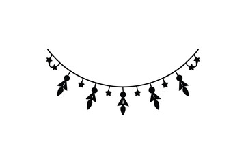 Festive Garland with Stars and Ornaments Hanging on a String Decorative Celebration Banner Black and White Silhouette festive garland silhouette featuring stars