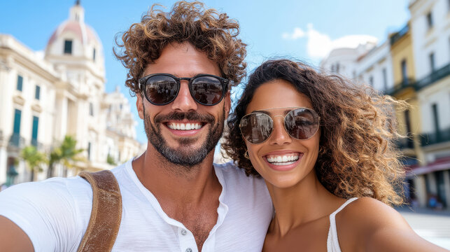 Happy couple taking selfie in vibrant city with historic architecture - Powered by Adobe