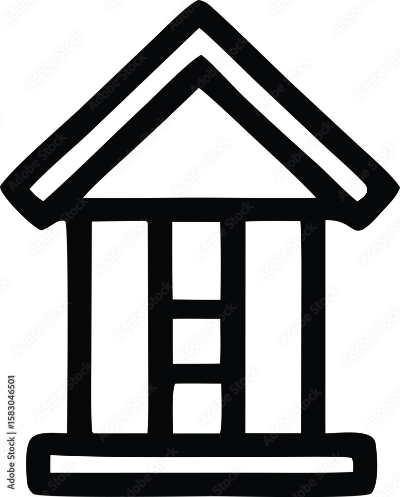 Poster simple black and white icon of a stylized building with a pediment and columns representing architec