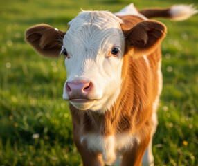 Beautiful close-up portrait of a young calf with striking white and brown fur, standing in a vibrant green pasture bathed in warm, golden hour sunlight
