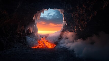 Fototapeta premium Photo of a dramatic sunset illuminates a lava flow emerging from an icy cave, creating a stunning contrast of fire and ice in a remote and mysterious landscape