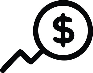 A simple black outline icon representing a magnifying glass focused on a dollar sign within a circle symbolizing financial analysis