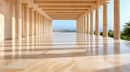 Fototapeta premium Majestic colonnade with sunlight casting shadows on polished floor, overlooking serene landscape