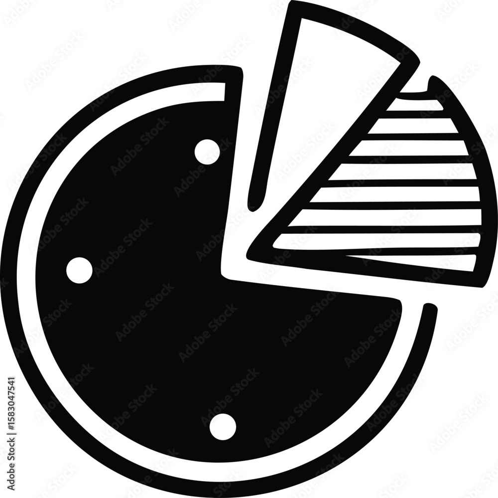 Poster stylized black and white pie chart icon with two distinct segments one solid and one striped represe