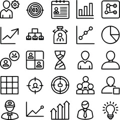 Collection of business and data analysis icons including charts graphs people targets and strategy elements