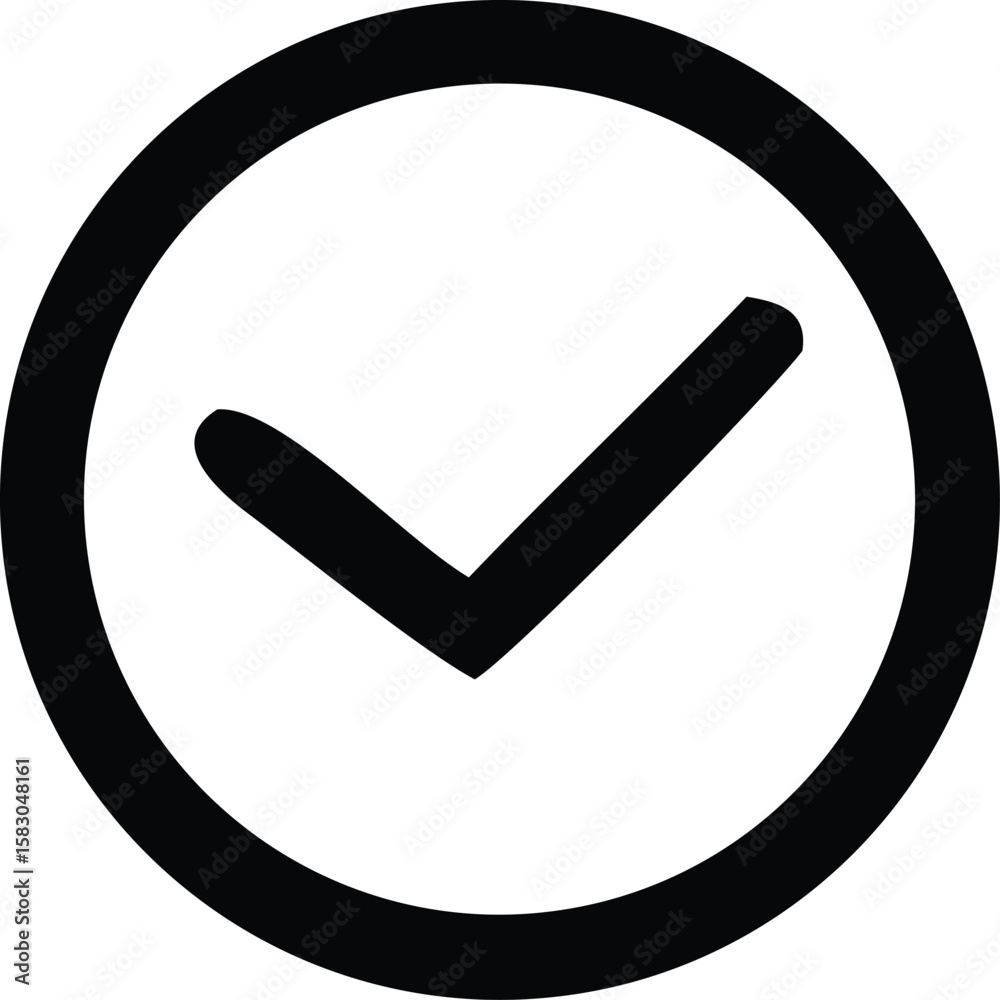 Poster simple black check mark inside a circle icon representing approval confirmation or task completion