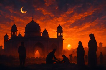 Ramadan sunset over Lalbagh Fort in Old Dhaka with silhouettes of people preparing for iftar, mosque domes glowing in last light, vibrant orange and purple sky — cinematic wide-angle landscape