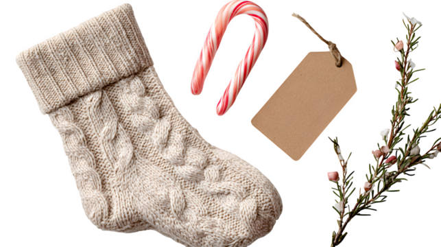 Christmas-themed flatlay with beige stocking, candy canes, and a blank tag, isolated on white background