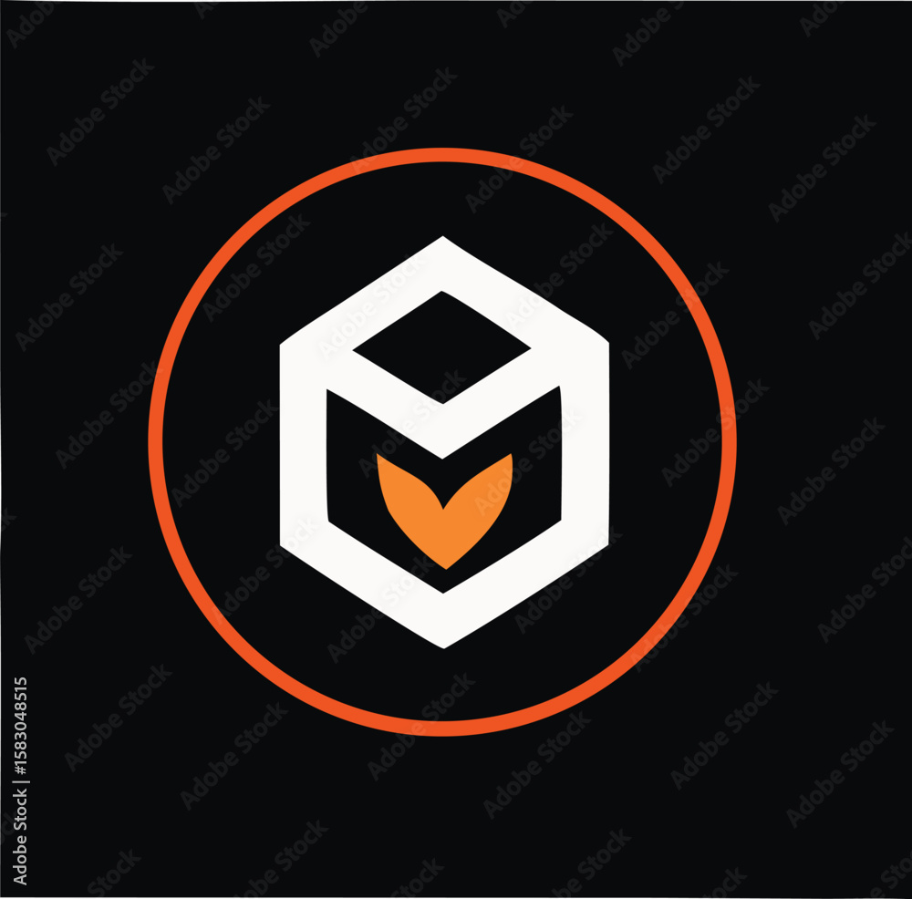 Fototapete Modern abstract logo featuring a white geometric cube with an orange heart shape inside all enclosed within a thin orange circle on a black background