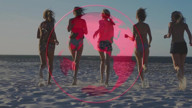 Five women appearing at shore and starting running for fitness with transparent red globe overlay - Powered by Adobe