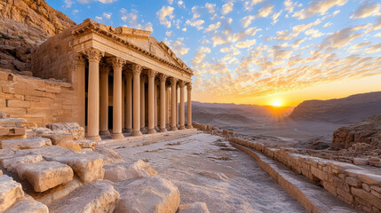 Obraz premium Ancient ruin city dramatic golden sky sunset, showcasing stunning architecture and landscape