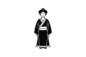 Elegant Geisha in Traditional Kimono Standing Gracefully with a Serene Smile in Black and White Silhouette simple silhouette illustration geisha kimono The