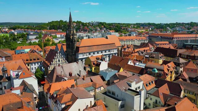 4K Aerial Drone Video of the Historic St. Johannis Church in the Old Town area of Downtown Ansbach, Germany