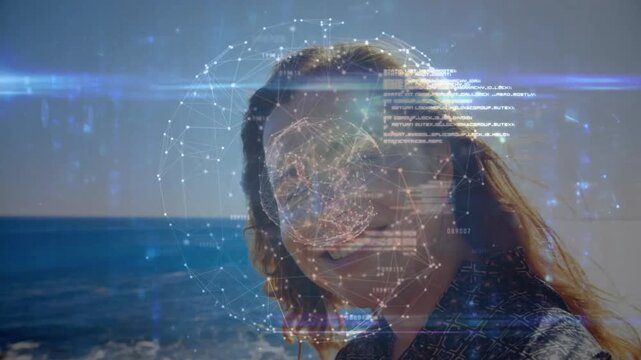 woman standing shore materializing holographic orb overlaying face enabling tech data visualization
