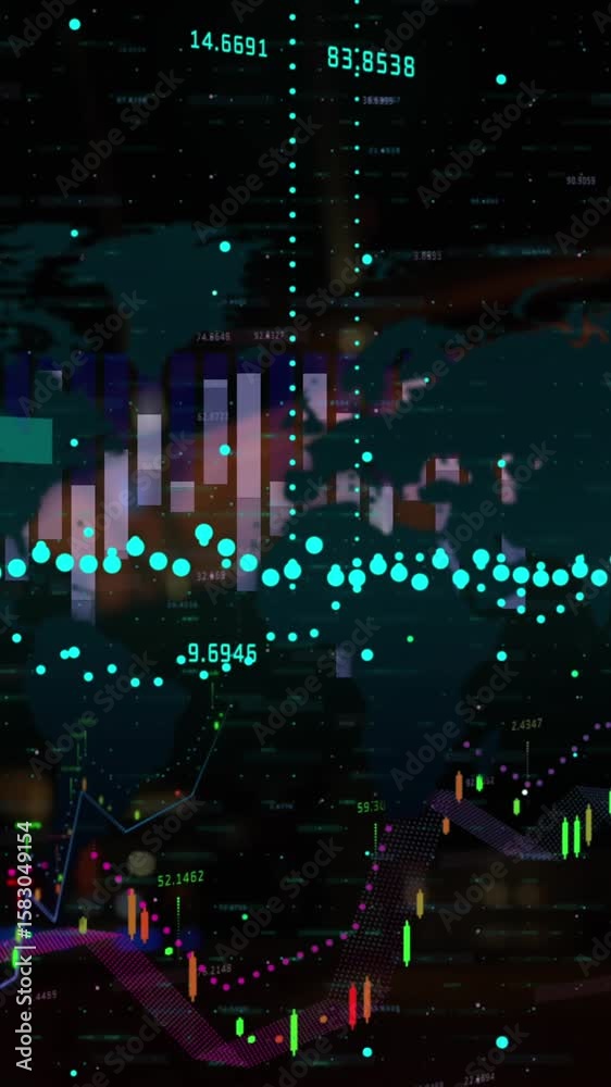 Wall mural animation of lights blinking over financial data processing on black background