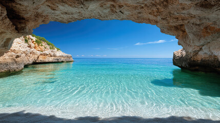 Crystal clear water reflects sunlight under rocky arch, creating serene coastal scene