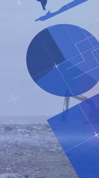 Animation of multiple graphs with database moving over bulldozer unloading garbage at landfill