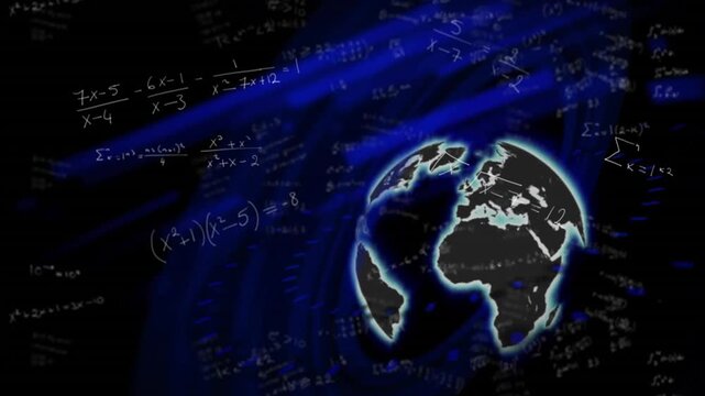 Backdrop opening digital space triggers glowing Earth spinning left with algebraic formulas looping