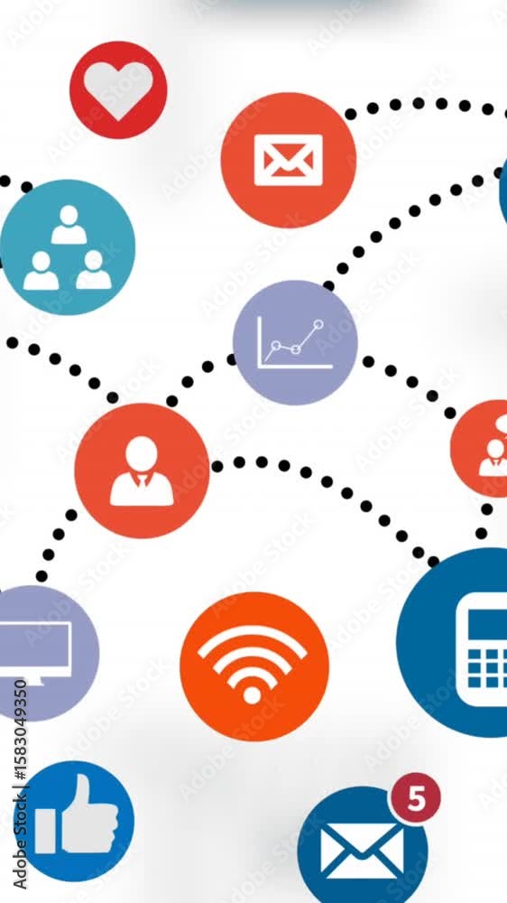 Poster animation of multiple mobile application icons connected with dots on white background