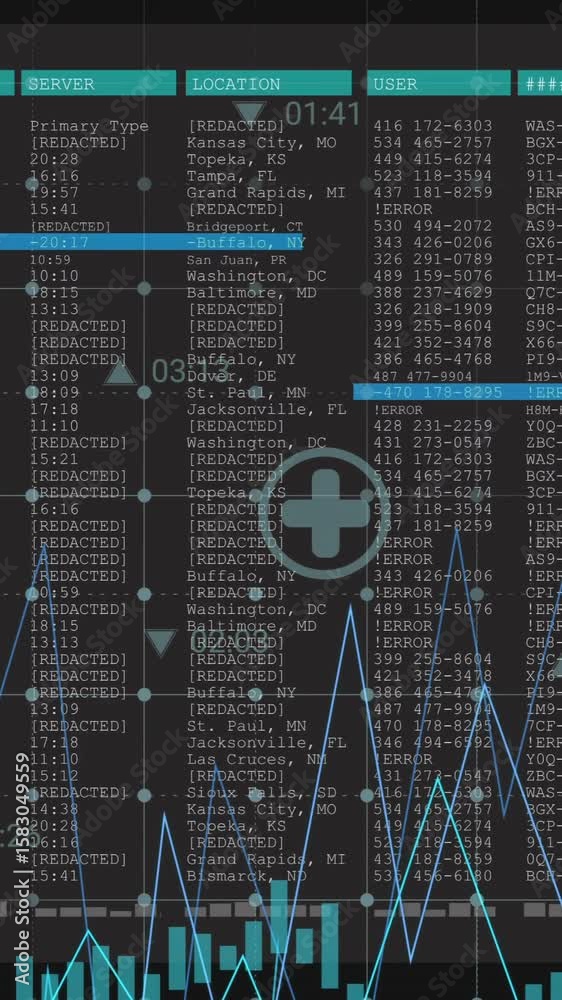 Poster animation of business icons and digital data processing over computer screens