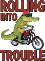Cool cartoon alligator wearing sunglasses and a red cap riding a motorcycle Vector Graphic T Shirt Design
