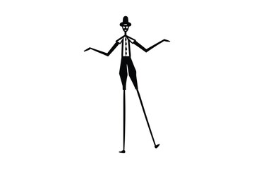 Abstract Figure with Top Hat and Long Legs Balancing with Arms Outstretched in a Striking Silhouette This image features unique silhouette tall