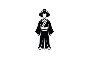 Elegant Woman in Traditional Kimono Silhouette with Wide Sleeves and Decorative Hairpiece on a White Background silhouette striking woman traditional kimono decorative