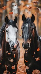 Autumn Landscape with Two Horses in a Field, Perfect Focus Generative AI