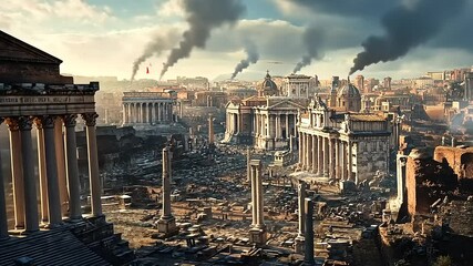 Ancient Roman Ruins with Smoke and Distant Cityscape