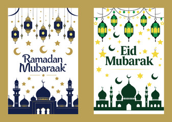 Ramadan Mubarak Islamic Greeting with Lanterns and Mosque Architecture
