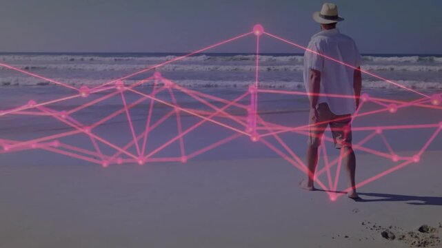 Man stepping onto shoreline leaving footprint activating pink network forming tech visualization