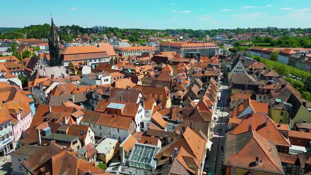 4K Aerial Drone Video of the Historic St. Johannis Church in the Old Town area of Downtown Ansbach, Germany