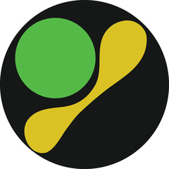 Abstract circular logo design featuring a vibrant green circle and a flowing golden yellow shape against a stark black background