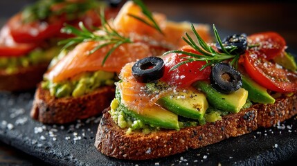 Delicious avocado toast with smoked salmon, tomatoes, olives, and rosemary