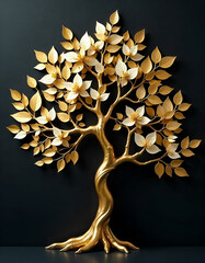 Golden tree with golden leaves on a dark background wall, luxurious and dramatic.