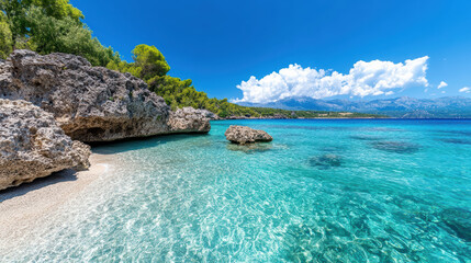 Fototapeta premium Crystal clear tropical ocean meets rocky coastline under bright blue sky