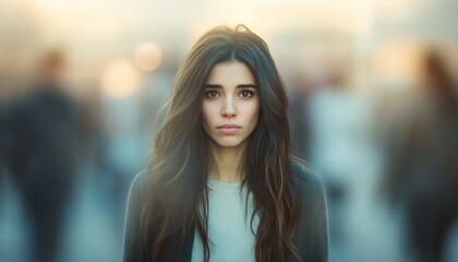 Obraz premium Lonely Figure in a Crowded City, Emphasizing Isolation and Sadness Amid Urban Chaos, Portrait