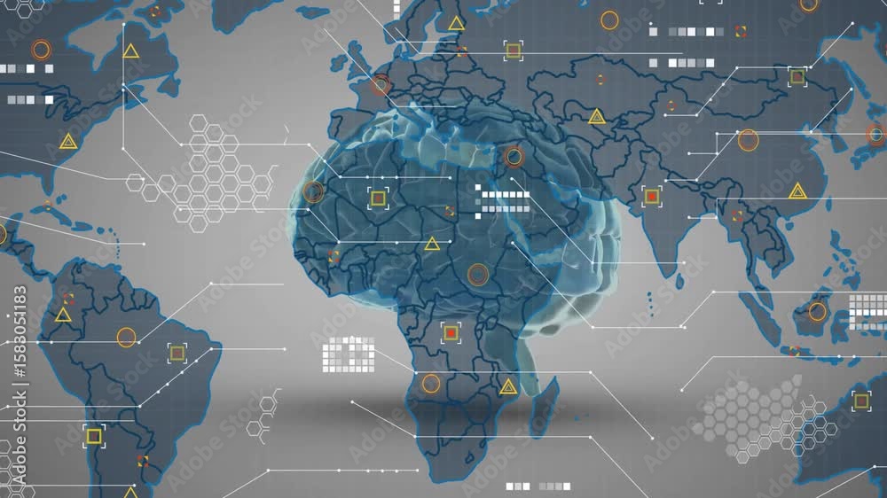 Poster at start floating blue brain shifting rotating data icons pulsing across map showing global network