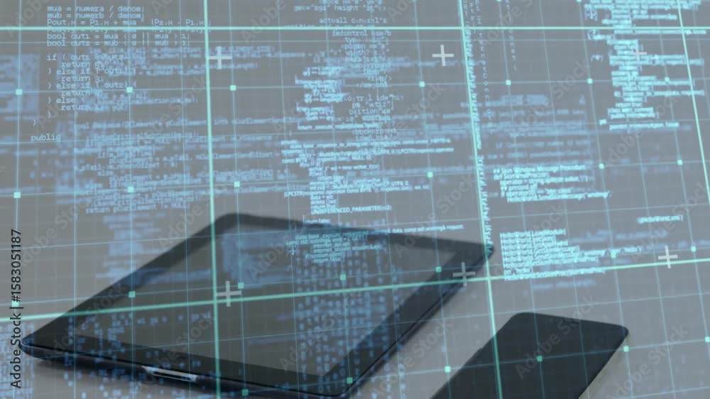 Aufkleber Code streams initiating grid and tablet and phone sliding in code flickering showing tech interface
