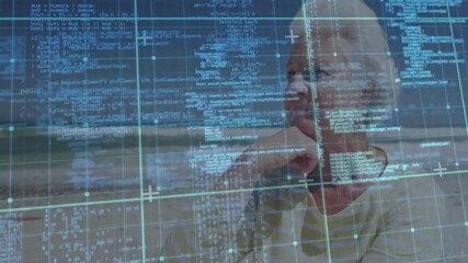 Senior woman standing on shore watching code overlay forming tech interface analyzing ocean data - Powered by Adobe