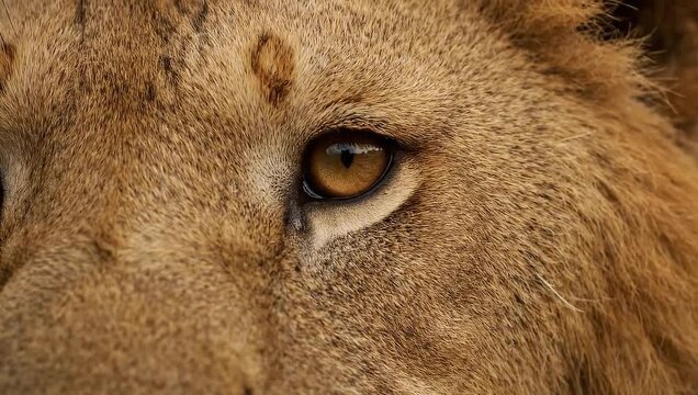Intense close-up of a lion eye blinking slowly, showing calm strength and golden detail in fur