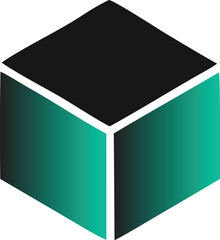 Abstract geometric cube shape with a dark top and a gradient of teal and black on the sides