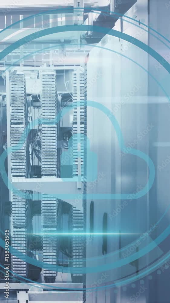 Poster animation of cloud icon and digital data processing over computer servers