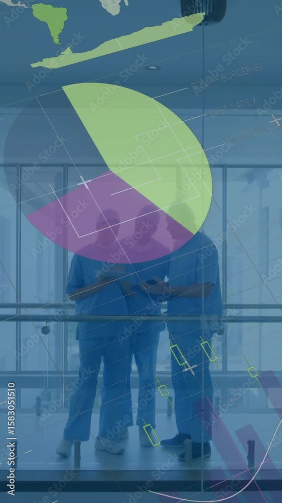 Poster animation of data processing and diagrams over diverse doctors using tablet