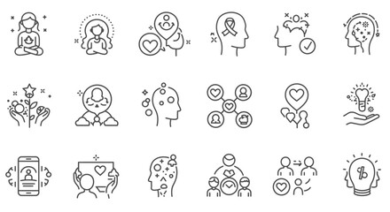 Mental health and emotional care line icon set – therapy, support, awareness, psychology, and people connection in flat outline vector style