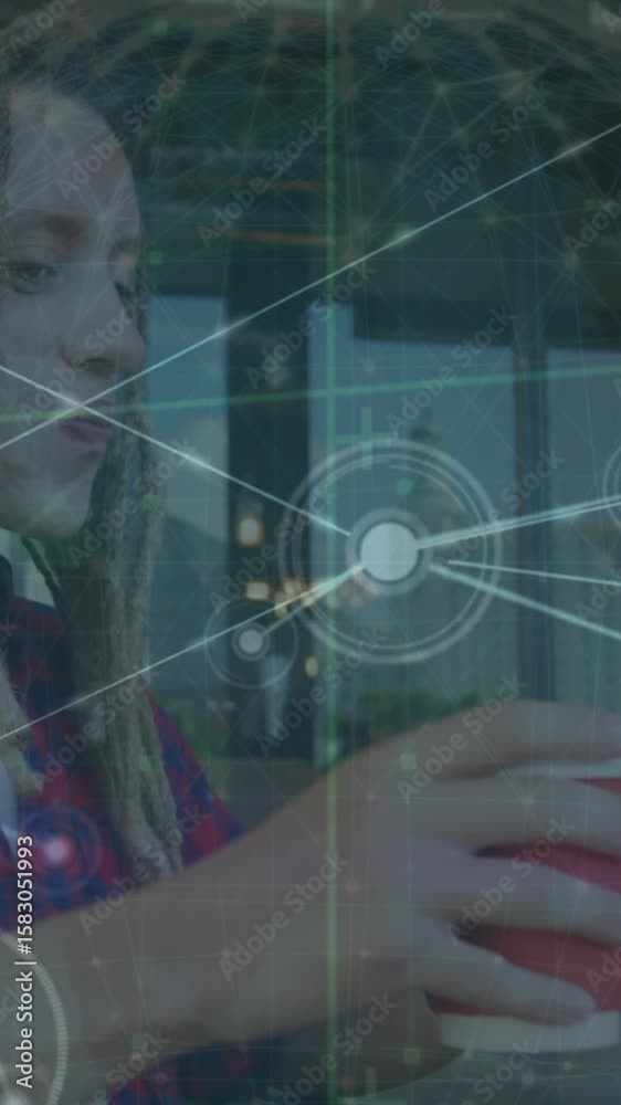 Poster animation of network of connections with globe and data over caucasian man using smartphone