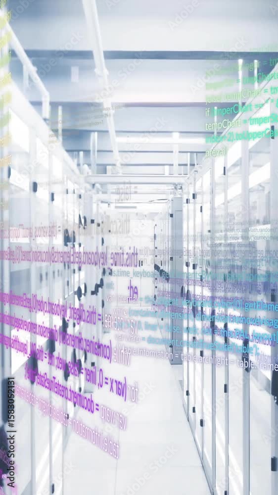  colorful coding text animation over data servers in modern data center